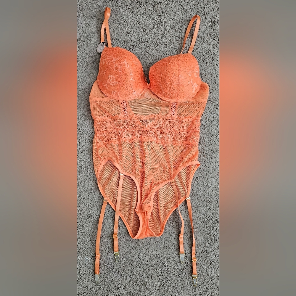 Luxe Sheer Mesh Floral Lace Orange Lace Bodysuit
